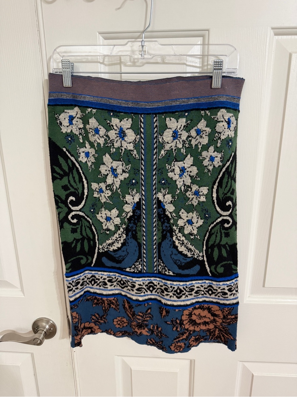 Moth Anthropologie S Green Blue Floral Jacquard Knit Pencil Skirt Boho